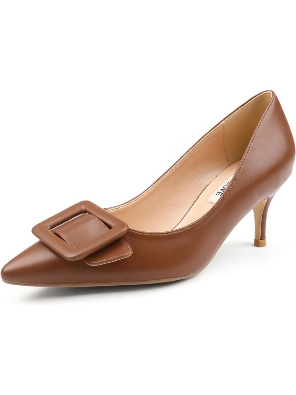 Women's Brown Matte Kitten Heels Pumps Pointed Toe Square Buckle Dressy Shoes
